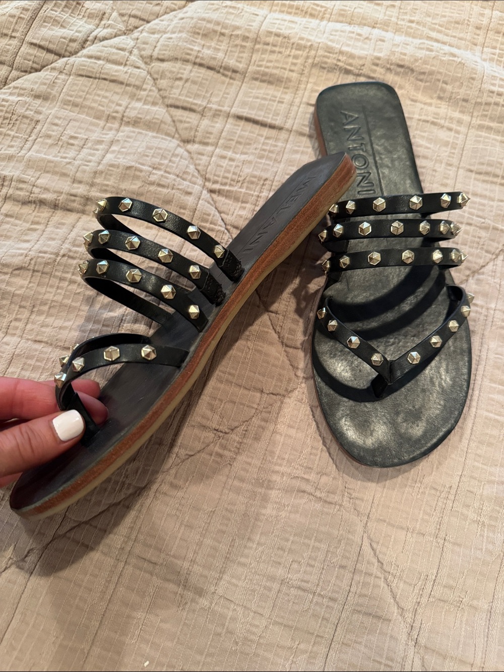 Black Studded Leather Slide Sandals - Picture 3 of 5